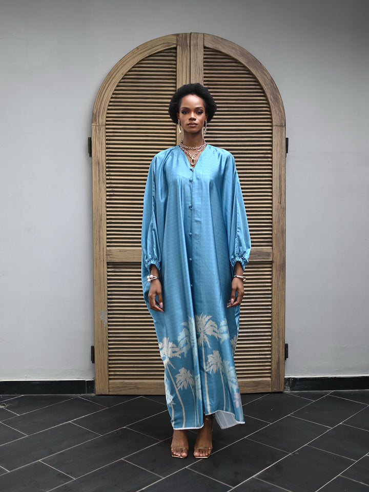 THE AZURE PALM PRINT BUBU DRESS + HEADBAND
