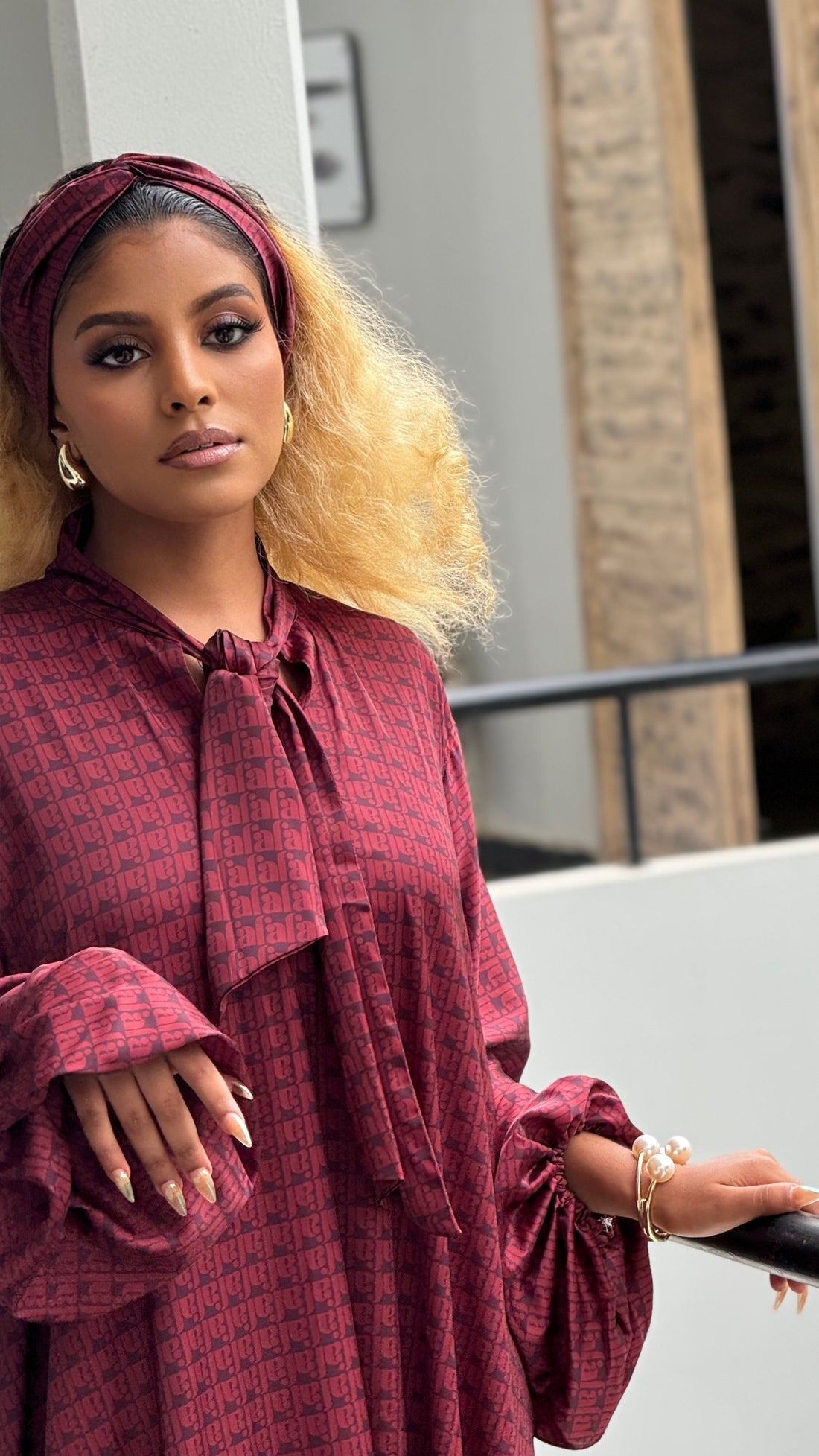 FA BURGUNDY TEXTURED SILK KAFTAN