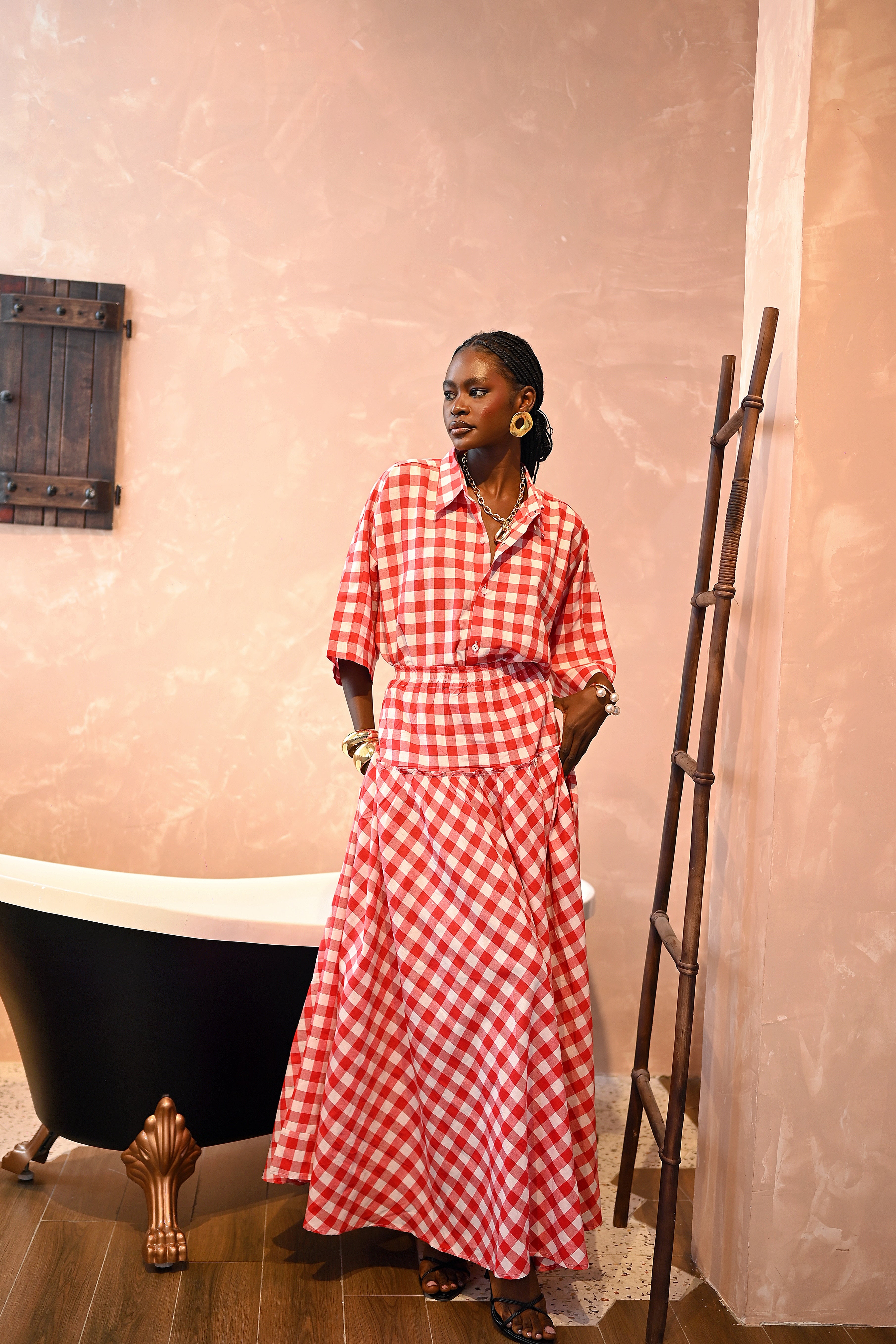 RED POPLIN SKIRT SET