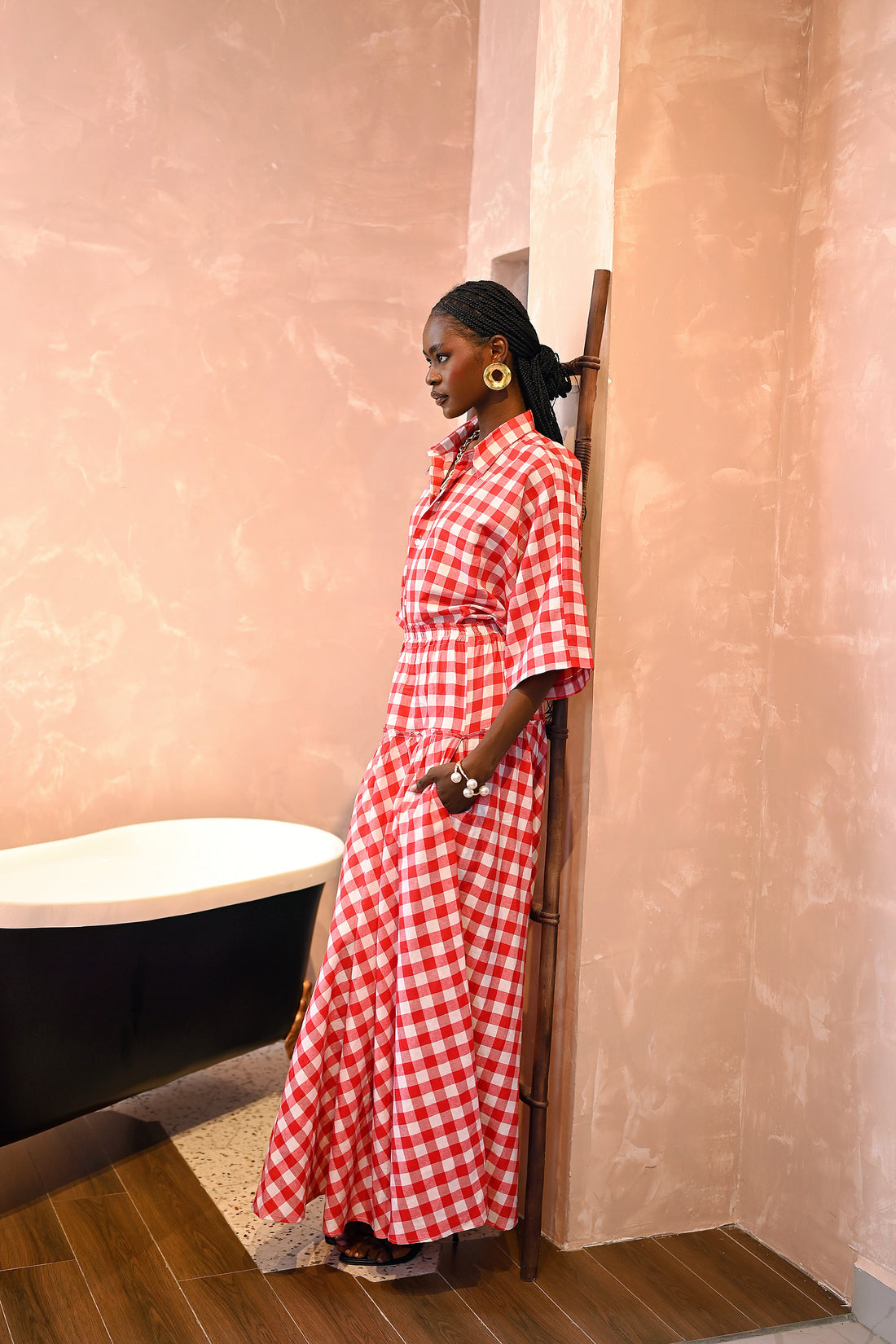 STRIPED COTTON POPLIN TWO PIECE SET - RED