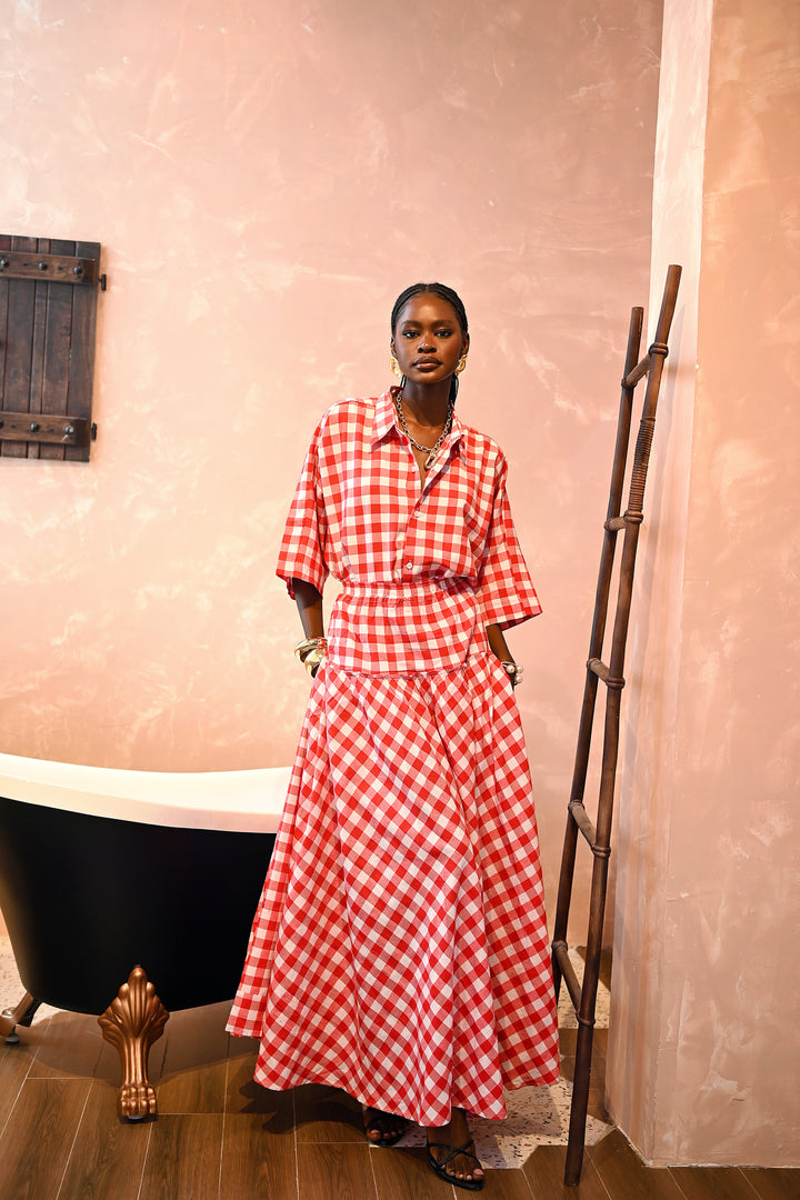 STRIPED COTTON POPLIN TWO PIECE SET - RED