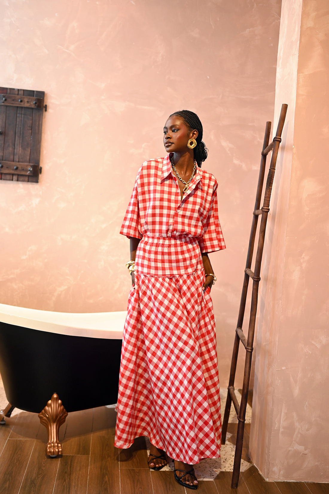 STRIPED COTTON POPLIN TWO PIECE SET - RED