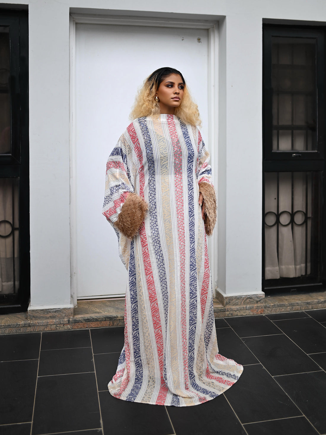ORI STRIPED BOUBOU DRESS WITH FAUX FUR