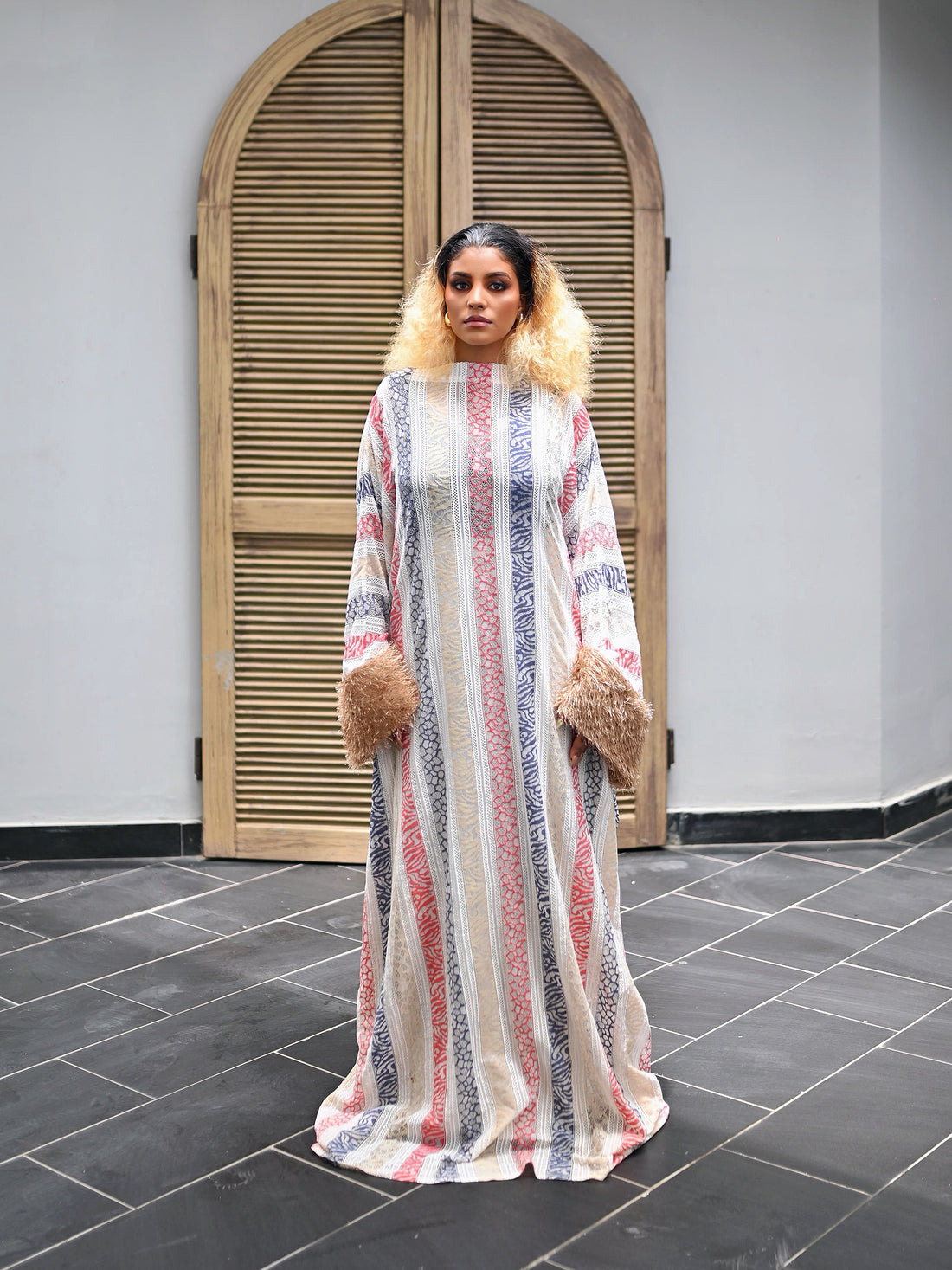 ORI STRIPED BOUBOU DRESS WITH FAUX FUR