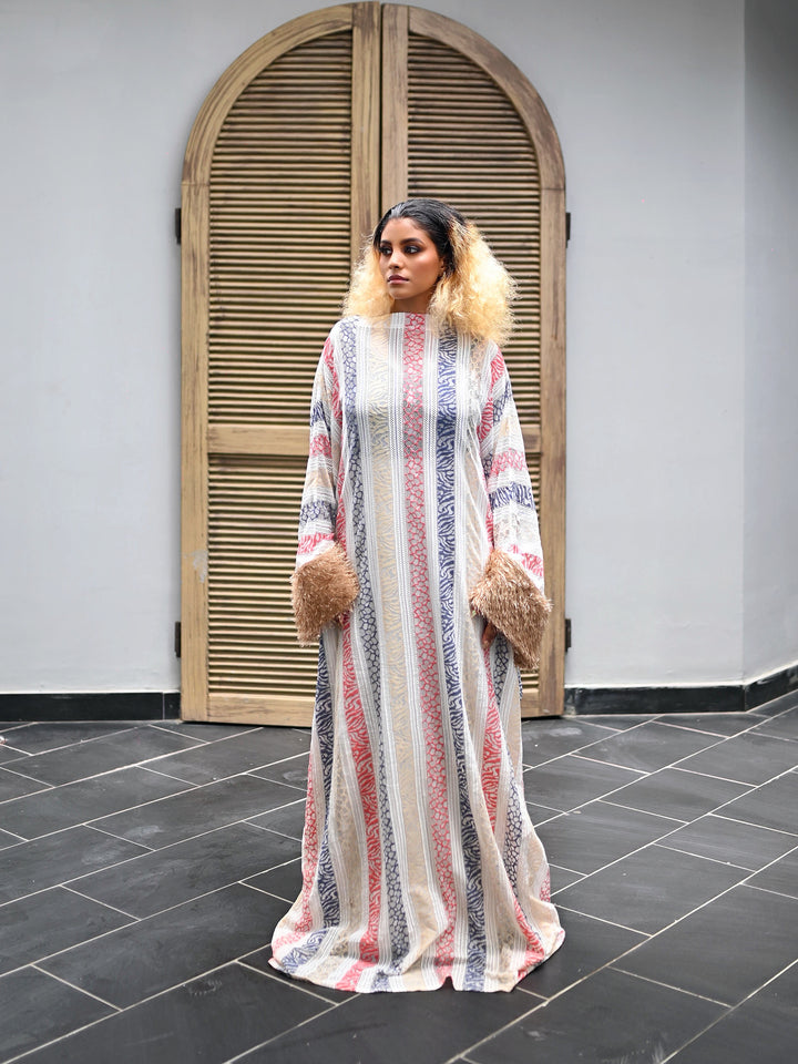 ORI STRIPED BOUBOU DRESS WITH FAUX FUR